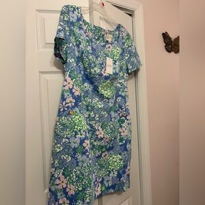 Lilly Pulitzer The Lilly Short Sleeve Shift Dress Sunwashed Blue Plumes in Bloom